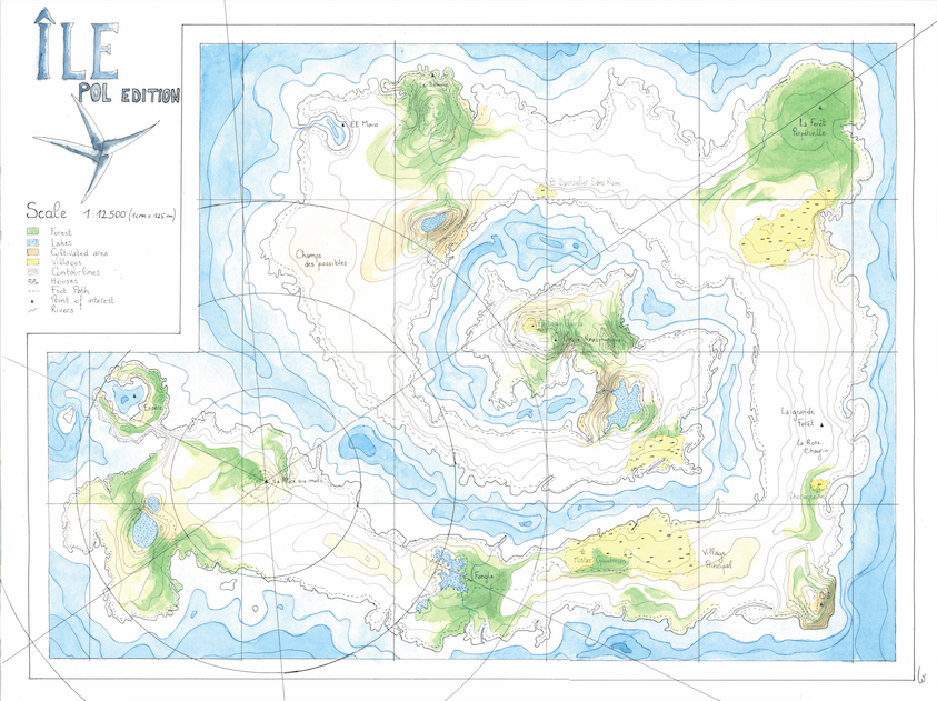 Carte dessinée à la main de l'île espere qui a une forme de spirale.